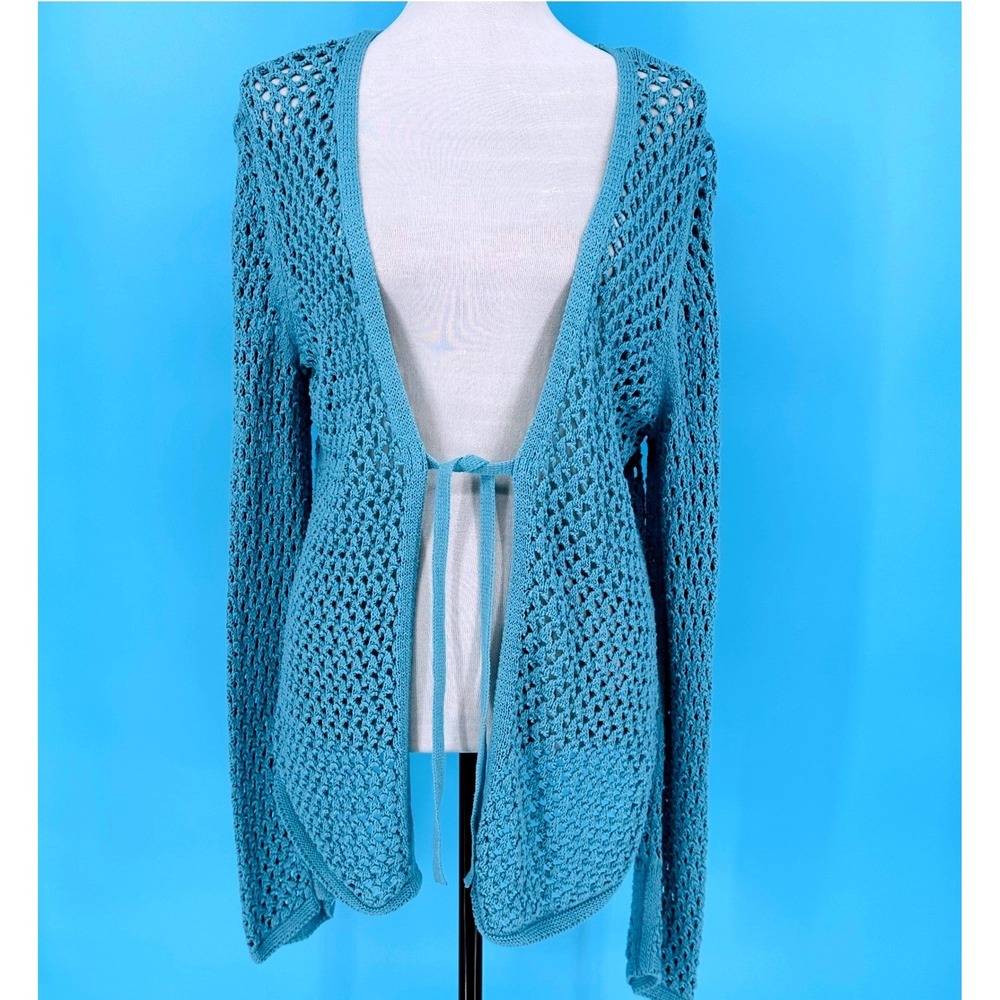 American Eagle Womens Open Knit Crochet Cardigan Tie Front Teal Cotton L Coastal